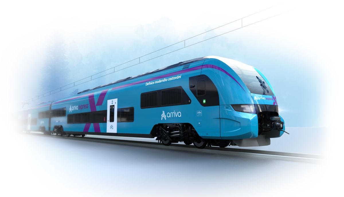 Tyrkysová s fialovou linkou a velkým X, to jsou naše vlaky z Prahy na západ Čech