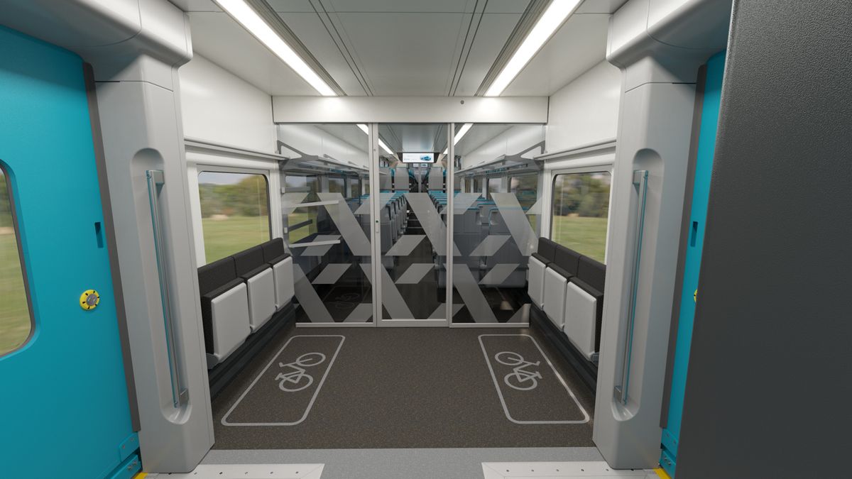 Tyrkysová s fialovou linkou a velkým X, to jsou naše vlaky z Prahy na západ Čech