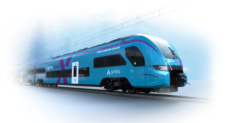 Tyrkysová s fialovou linkou a velkým X, to jsou naše vlaky z Prahy na západ Čech